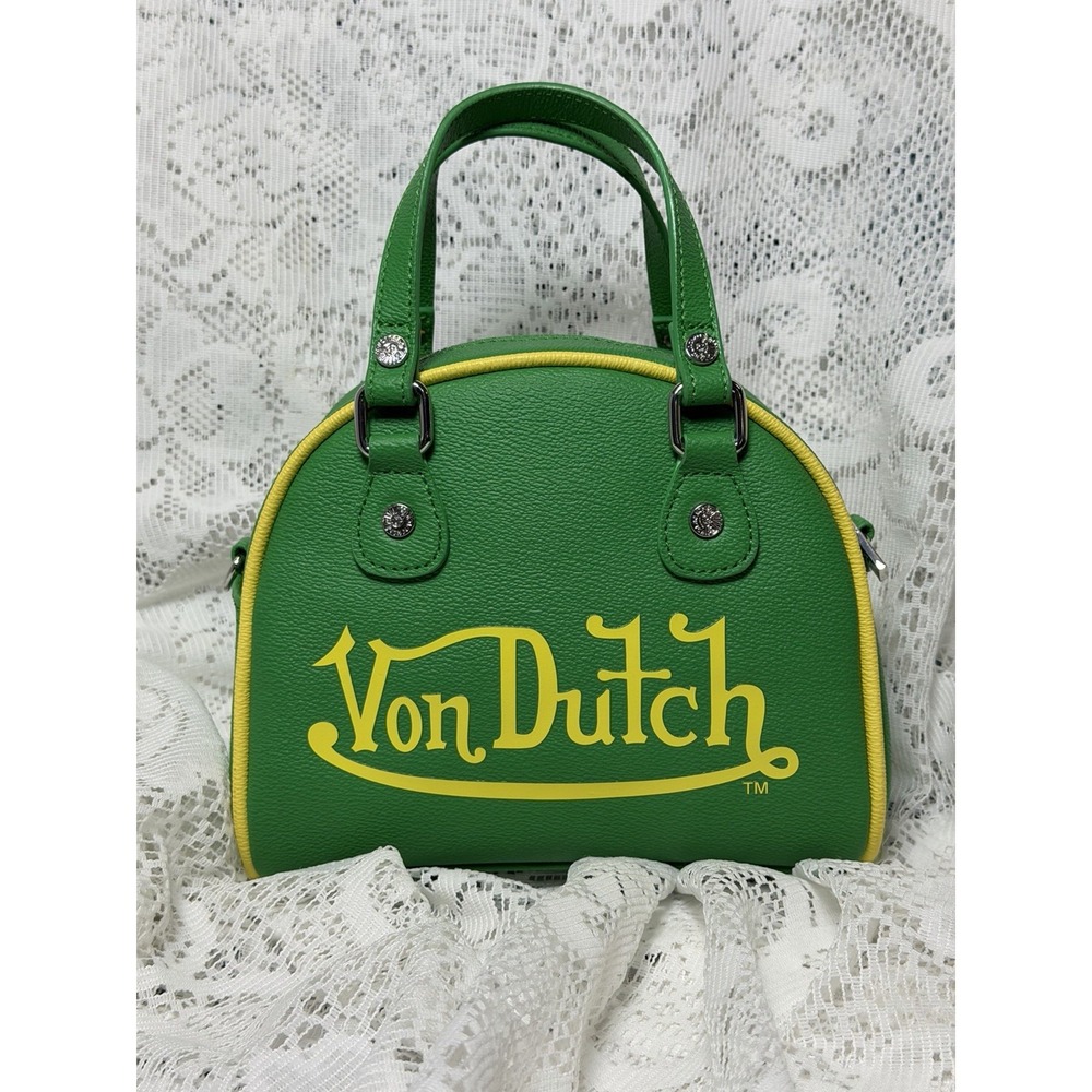 Von Dutch Green Yellow Flying Eye Bowling Bag Purse Top Handle Y2K